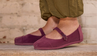 Alpargata Mary Jane in Dark Burgundy Premium Velvet on model.