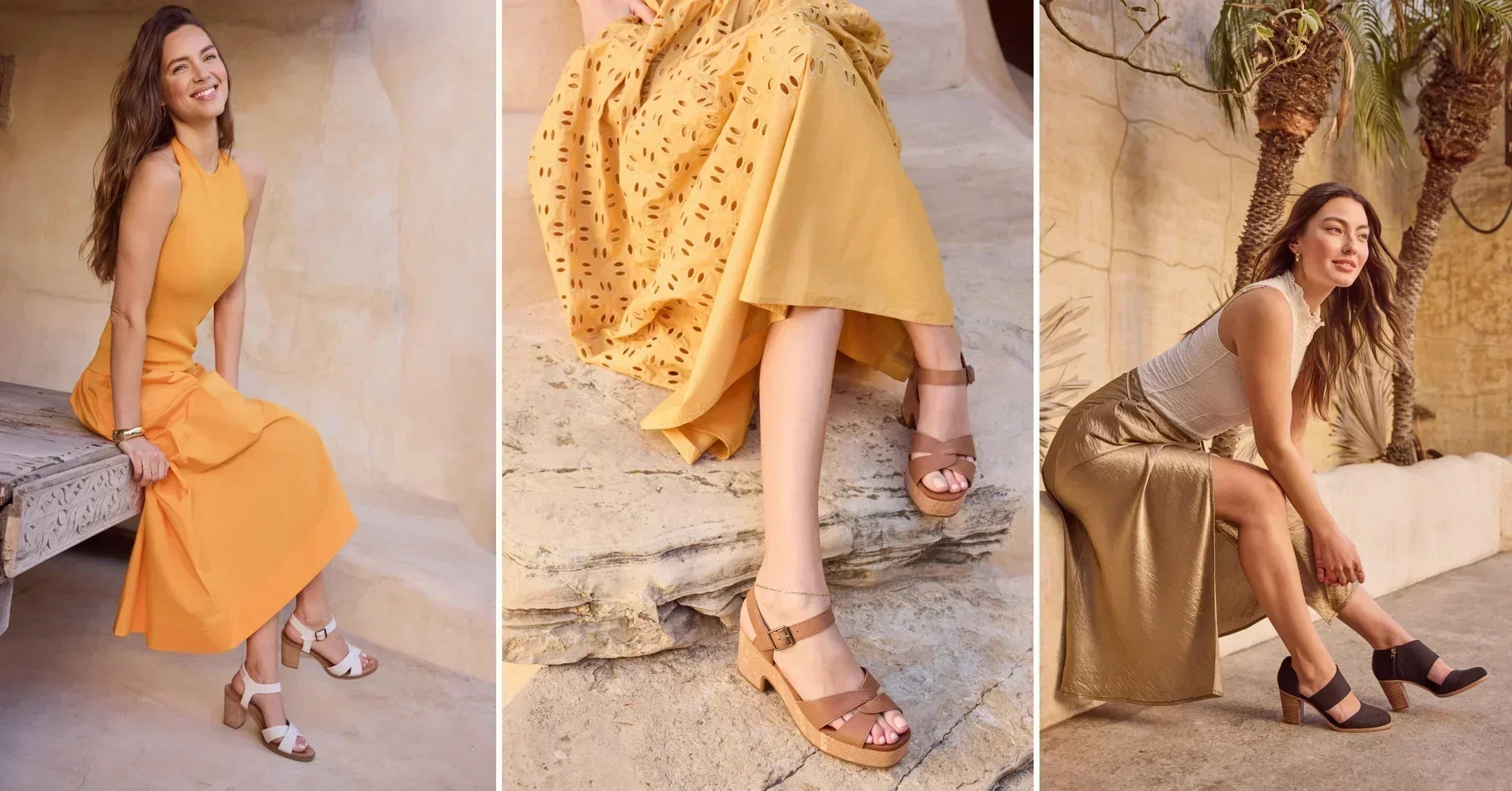 The Majorca Strappy Heeled Sandal in natural yarn dye, Isla Heeled Sandal in brown sugar leather and Milan Closed Toe Heel in black shown.