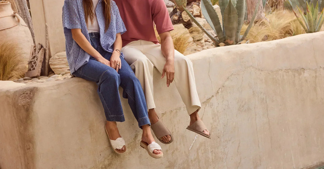 The Abby Slide Flatform Espadrille Sandal in white beachside woven and Danilo Slide Sandal in dune perforated suede shown.