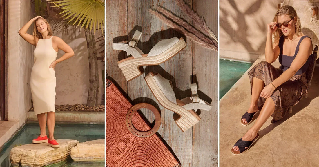 The Valencia Platform Espadrille in flame canvas, Isla Peep Toe Heeled Sandal in natural yarn dye and Mae Crossover Slide Sandal in black heavy canvas shown.