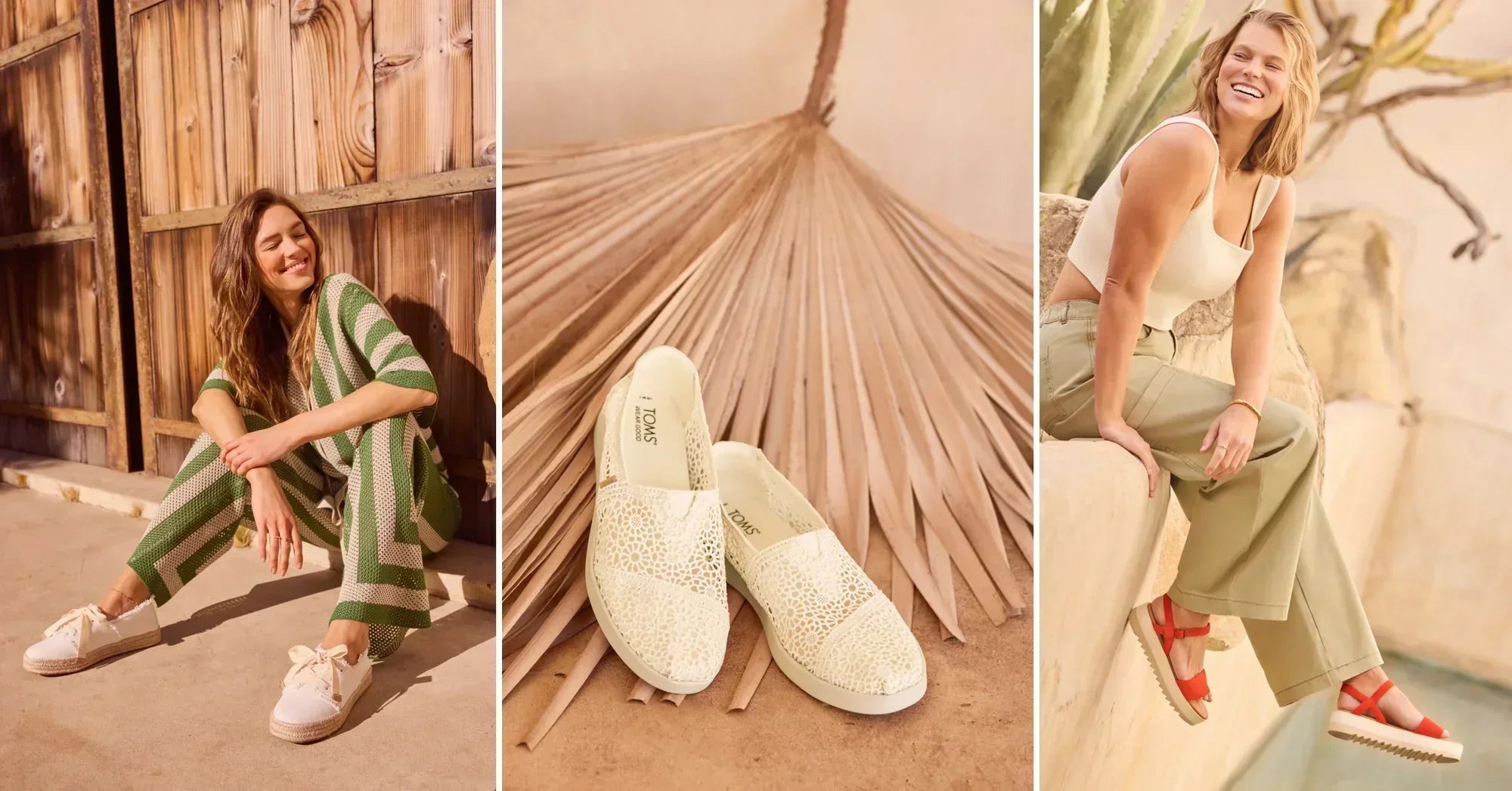 The Carolina Lace-Up Espadrille in white beachside woven, Alpargata Plus in natural moroccan crochet and Brynn Platform Sandal in flame suede shown.