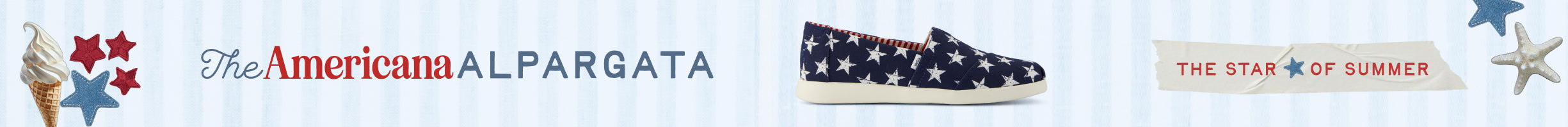 The Americana ALPARGATA: THE STAR OF SUMMER. Ice cream cone and stars graphic. Alpargata Plus in Navy Stars Canvas shown.