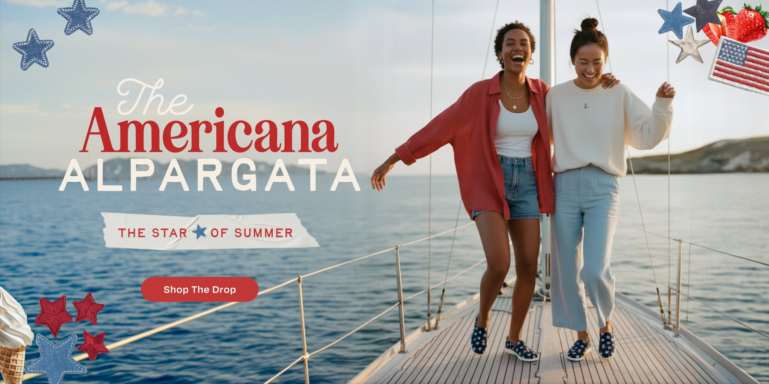 The Americana ALPARGATA: THE STAR OF SUMMER. Shop The Drop. Models on a sailboat wearing the Alpargata Plus in Navy Stars Canvas. Ice cream cone, stars and US flag graphic.