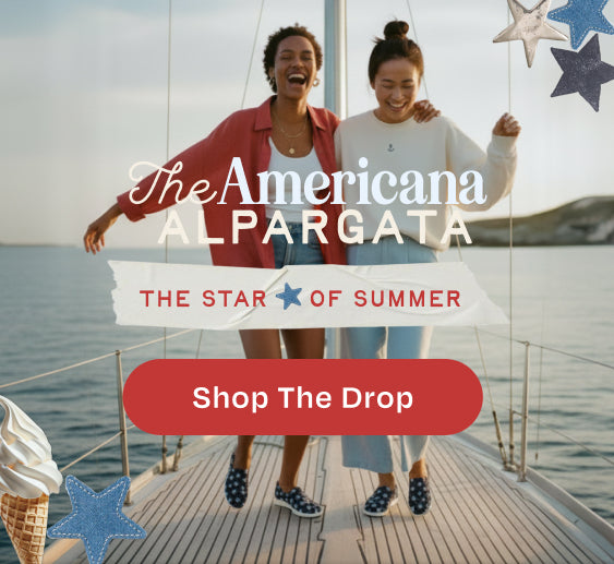 The Americana ALPARGATA: THE STAR OF SUMMER. Shop The Drop. Models on a sailboat wearing the Alpargata Plus in Navy Stars Canvas. Ice cream cone, stars and US flag graphic.