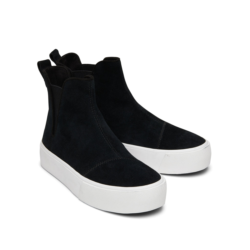 Fenix Platform Chelsea Black Suede Sneaker Front View