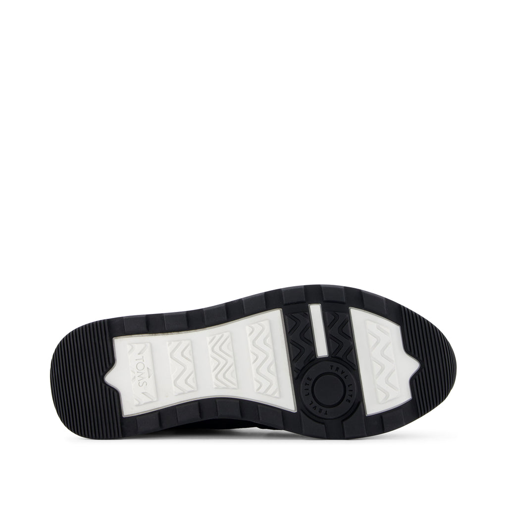 TRVL Lite Retro Runner Black Suede Water Repellent Sneaker Bottom Sole View