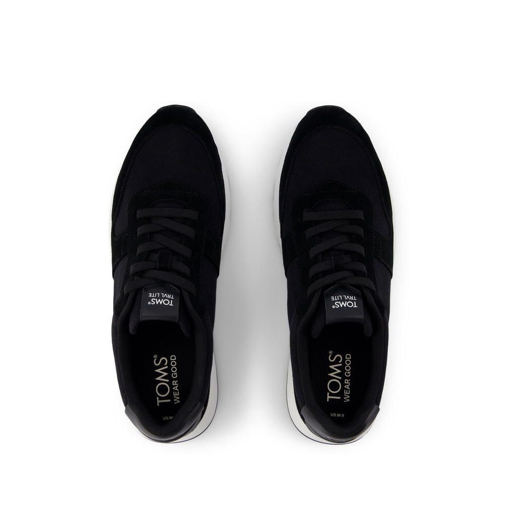 TRVL Lite Retro Runner Black Suede Water Repellent Sneaker Top View
