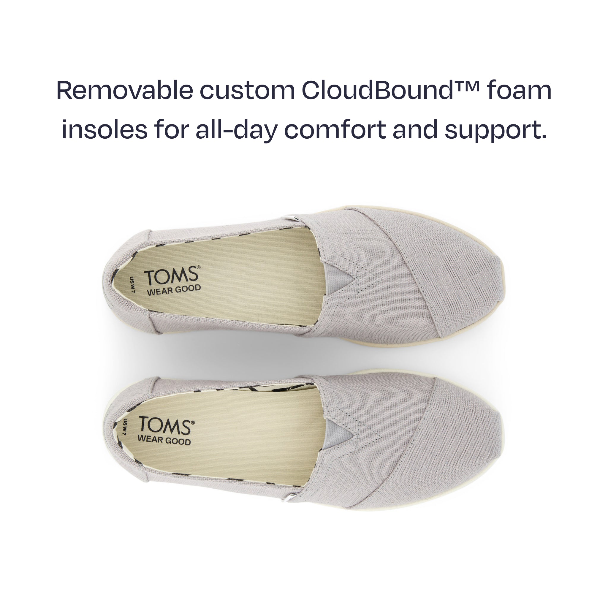 alpargata plus top down shot - featuring removable custom cloudbound foam insoles for all day comfort and support
