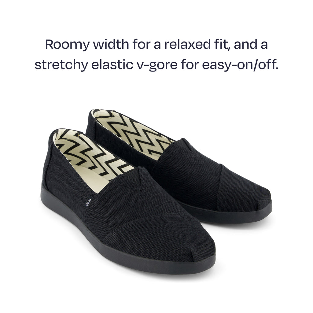 black black alpargata plus - roomy width for a relaxed fit, and a stretchy elastic v-gore for easy on/off.