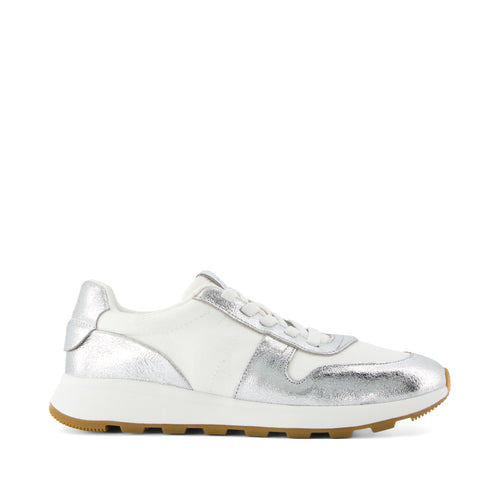 TRVL LITE Retro Runner Sneaker - Water Repellent Silver Crinkle Metallic Leather and Vintage Twill Side View