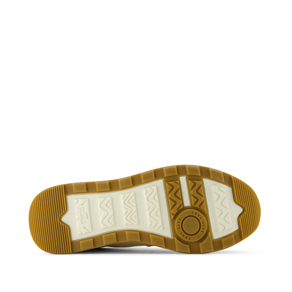 TRVL LITE Retro Runner Sneaker -  Water Repellent Almond Vintage Twill and  Leather Bottom Sole View