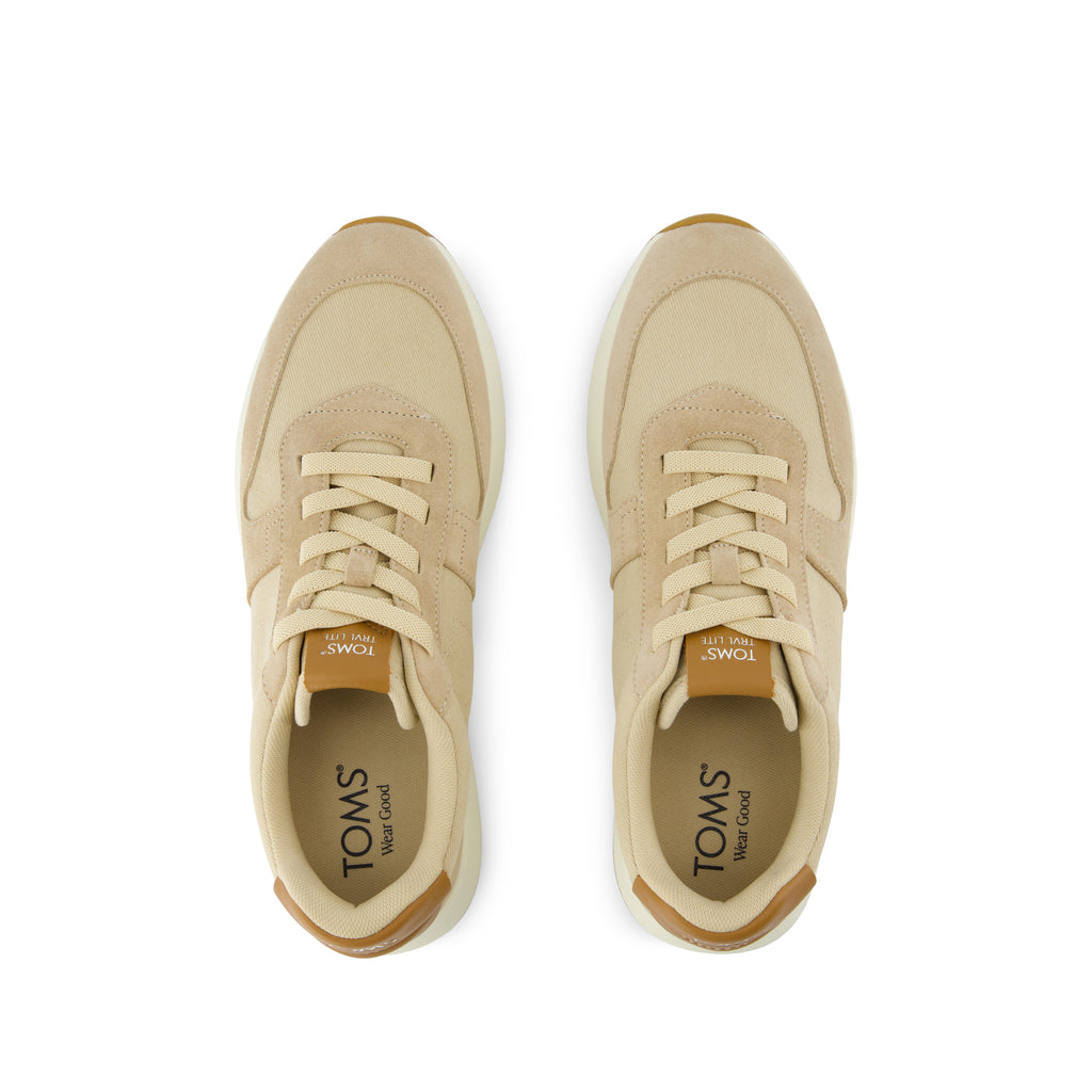 TRVL LITE Retro Runner Sneaker -  Water Repellent Almond Vintage Twill and  Leather Top View