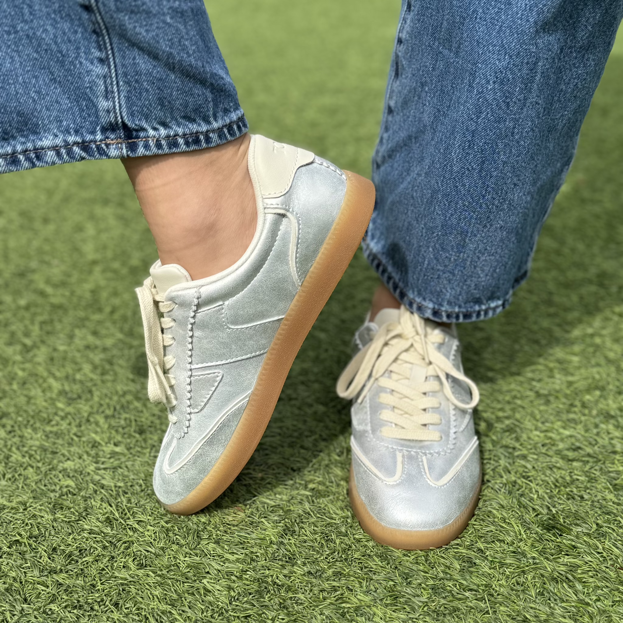 TOMS Collins Metallic Sneaker on model up close detail shot