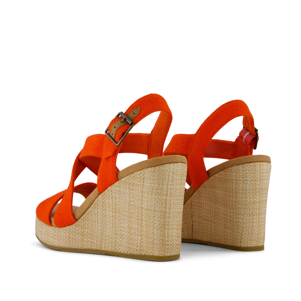 Alondra Wedge Sandal - Flame Two Tone Slubby Woven and  Raffia Wrap Back View
