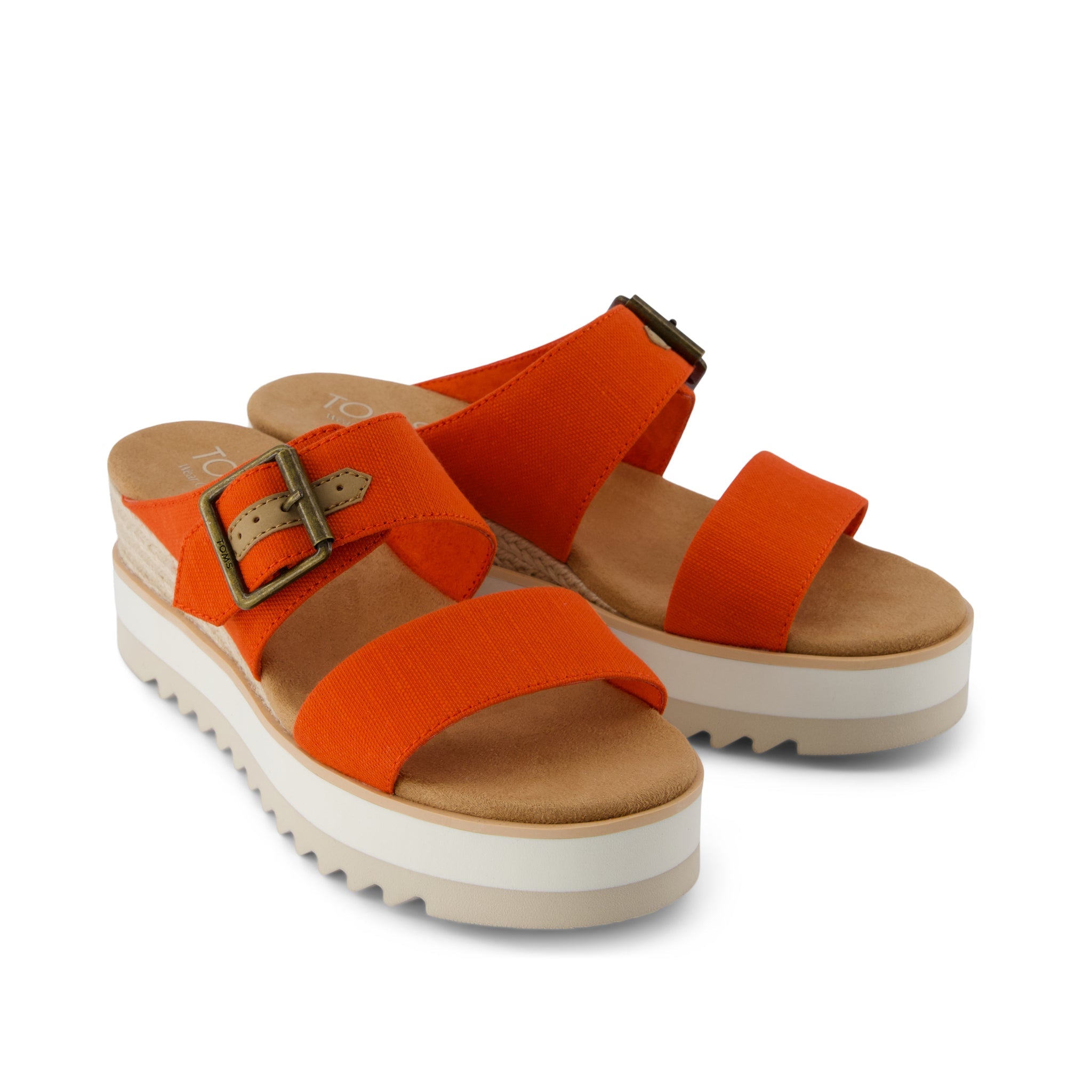 Diana Mule Buckle Wedge Sandal - Flame Slubby Woven Front View