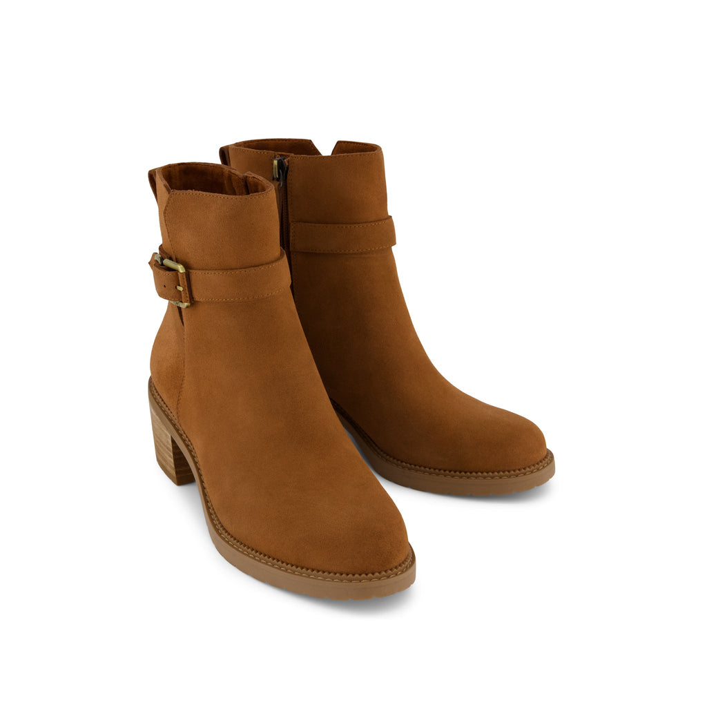 Hailey Buckle Ankle Boot - Water Resistant Amber Brown Suede Front View
