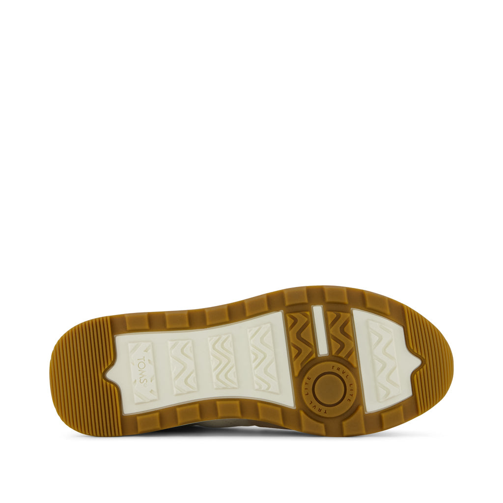 TRVL LITE Retro Runner Sneaker - Water Repellant Oatmeal Suede and Metallic Leather Bottom Sole View