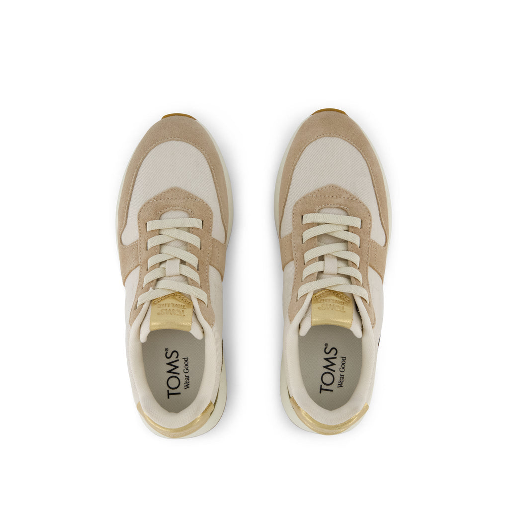 TRVL LITE Retro Runner Sneaker - Water Repellant Oatmeal Suede and Metallic Leather Top View