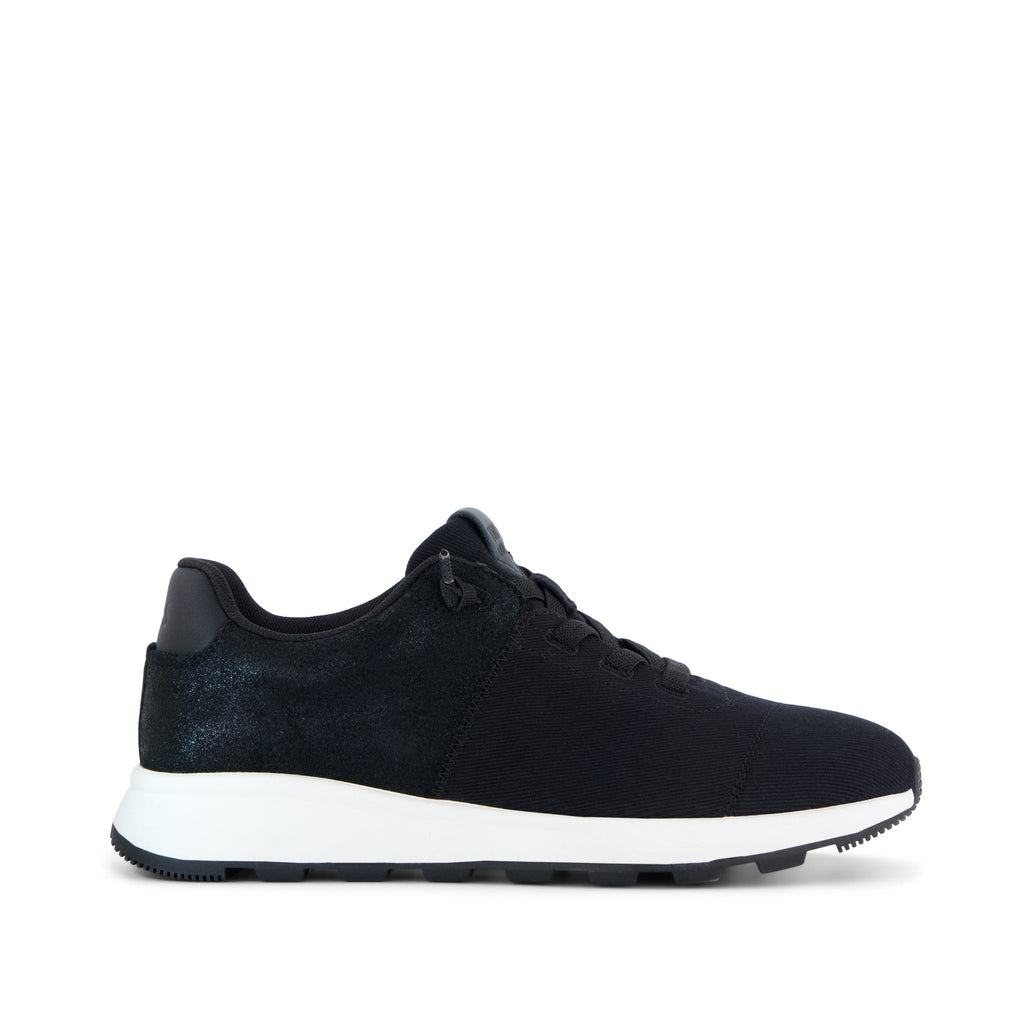 TRVL LITE Cabrillo Sneaker - Water Repellant Black Vintage Twill and Metallic Suede Side View