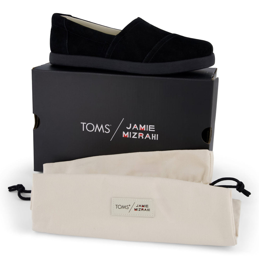 TOMSxJamieMizrahi Women Alp Fwd Black Suede Packaging with box and bag