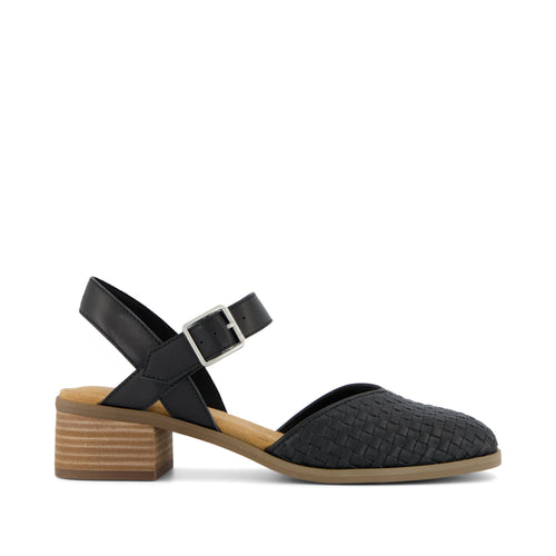 Jaclyn Heel - Black Woven Basket Faux Leather Side View