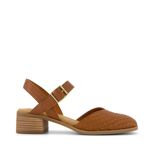 Jaclyn Heel - Amber Brown Woven Basket Faux Leather Side View