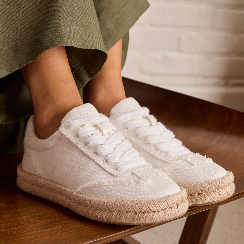 Up close detail shot of the model image of the white Jesse espadrille sneaker