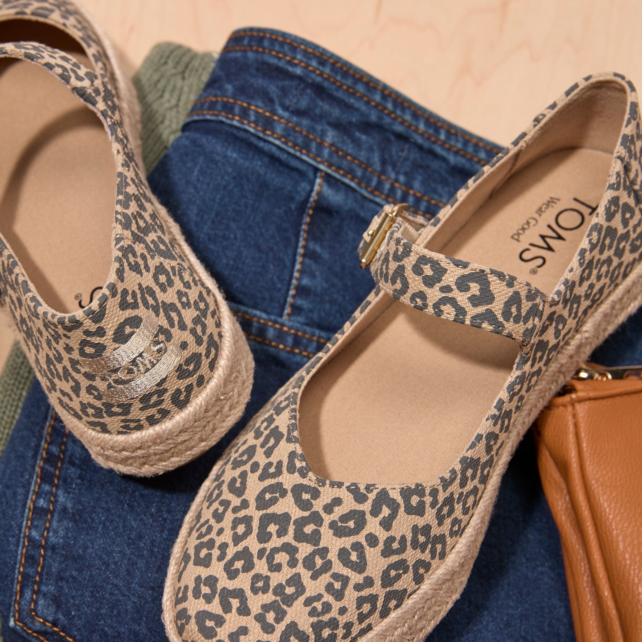 Laydown image of the leopard print Carolina Mary Jane espadrille