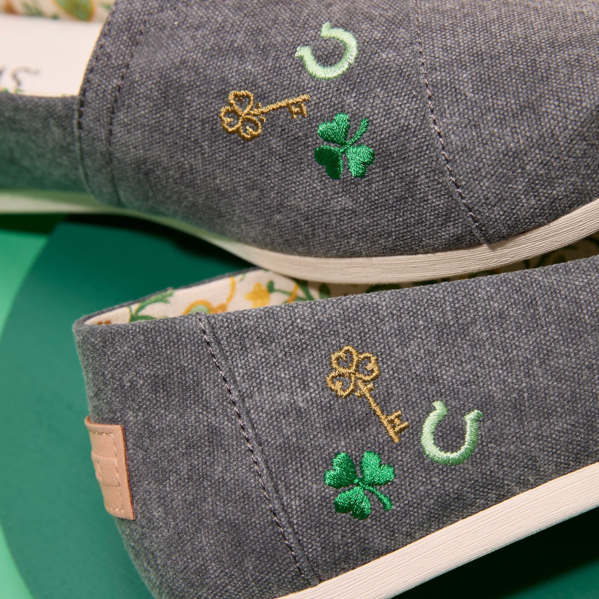 Up close detail image of the embroidered St. Patrick's Days chambray Alpargata