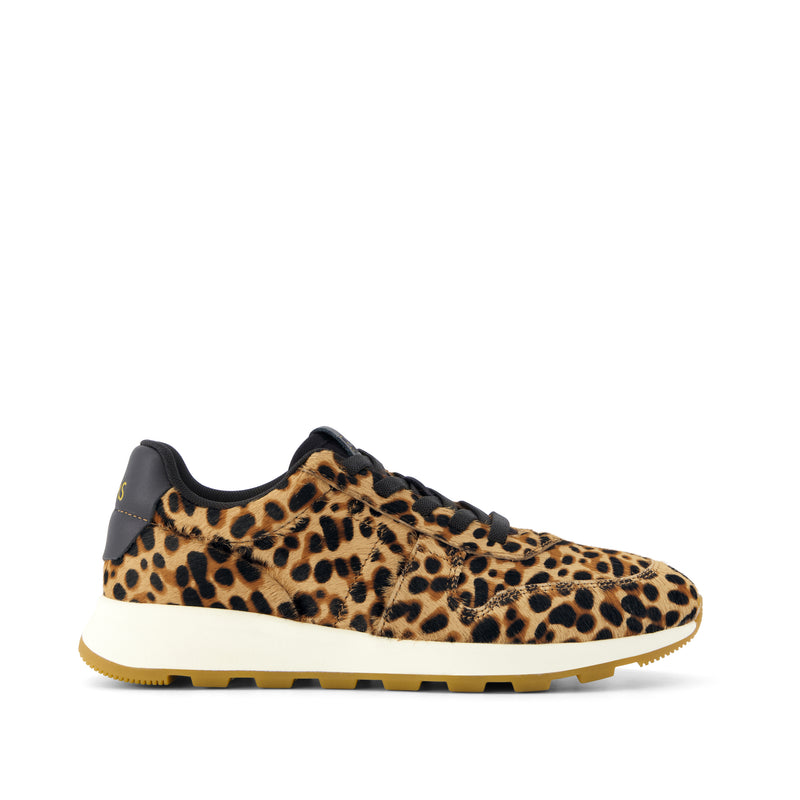 TRVL LITE Retro Runner Sneaker - Brown Sugar Leopard Print Hair Leather Side View