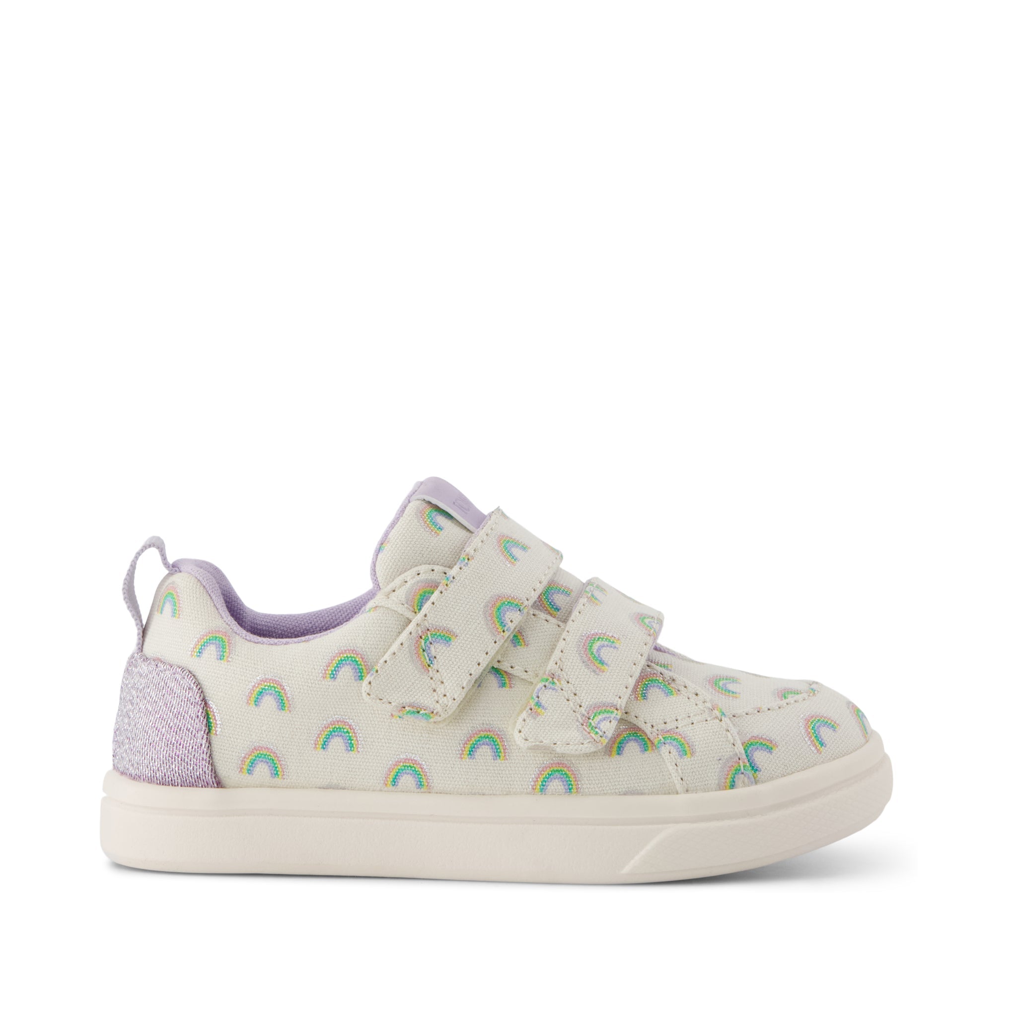 Cruz Double Strap Toddler Sneaker - Egret Foil Rainbows Side View