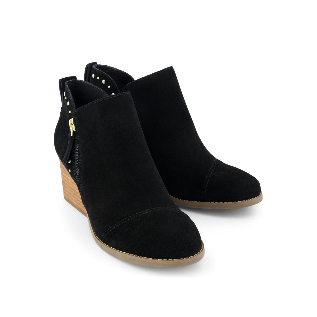 Goldie Wedge Ankle Bootie - Black Suede w/ Studs Front View