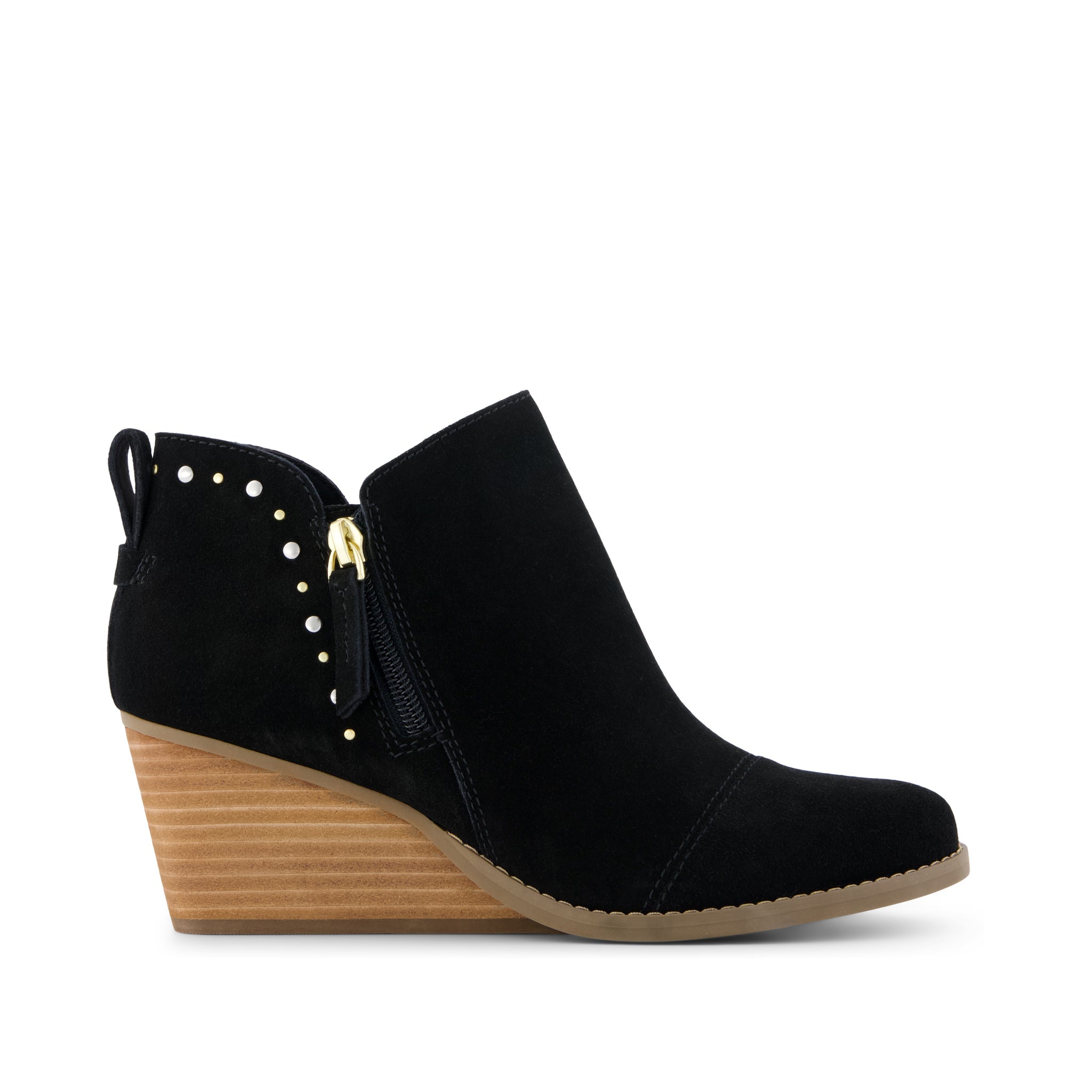Goldie Wedge Ankle Bootie - Black Suede w/ Studs Side View