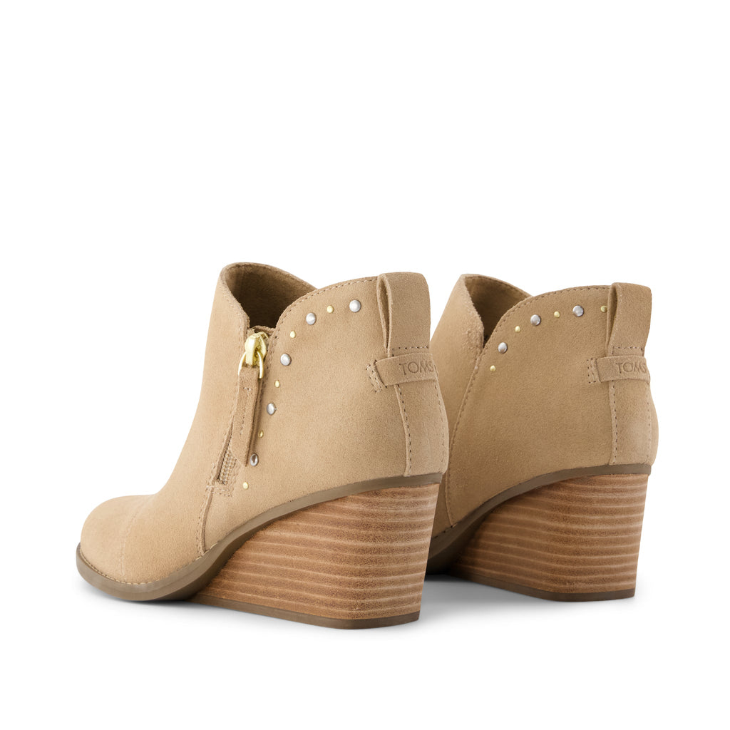 Goldie Wedge Ankle Bootie - Taupe Suede w/ Studs Back View