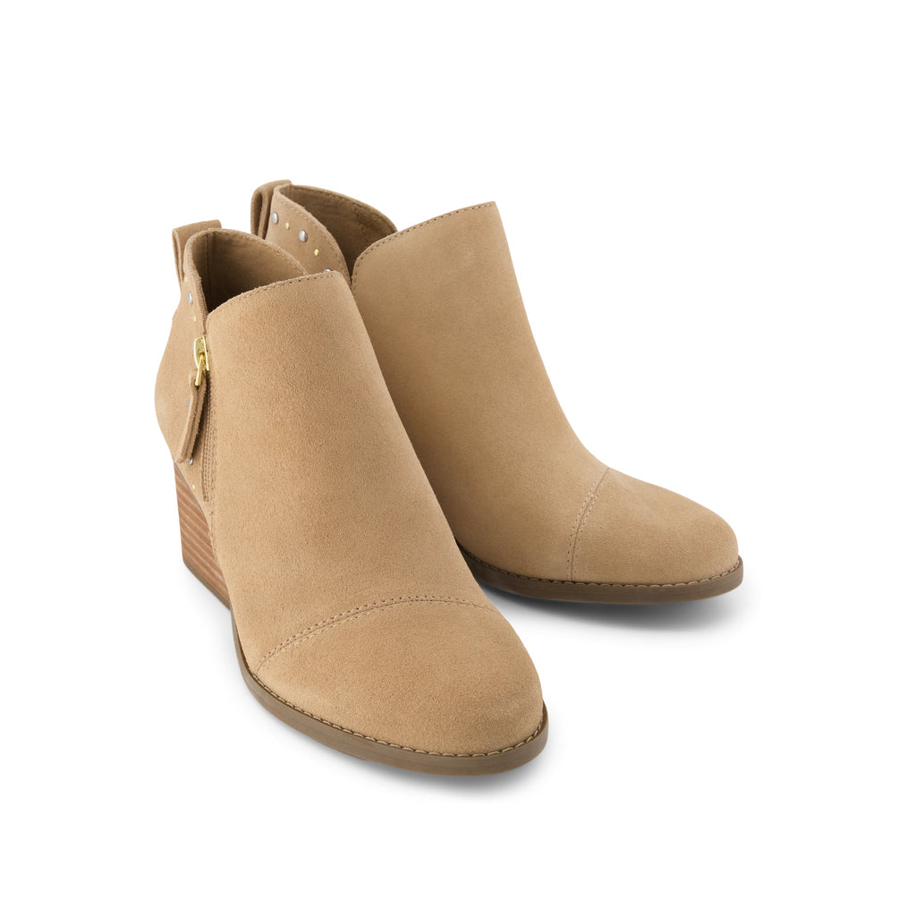 Goldie Wedge Ankle Bootie - Taupe Suede w/ Studs Front View