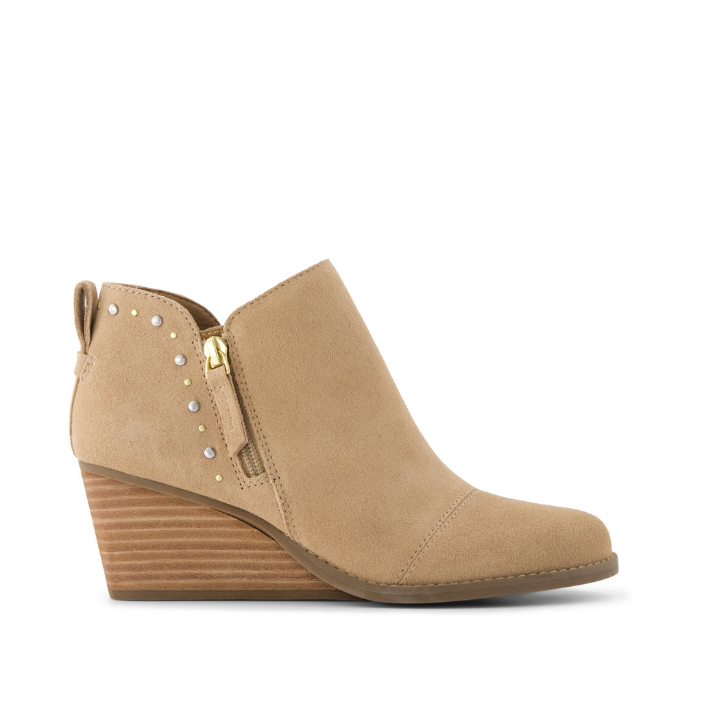Goldie Wedge Ankle Bootie - Taupe Suede w/ Studs Side View