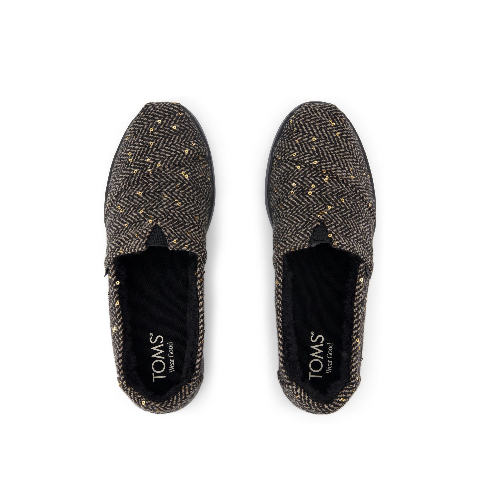 Alpargata Plus - Black Sequin Herringbone w/ Faux Fur Top View