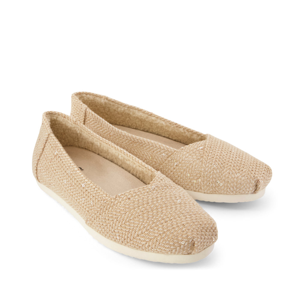 Alpargata Ballet Flat - Oatmeal Sequin Herringbone w/ Faux Shearling Front View