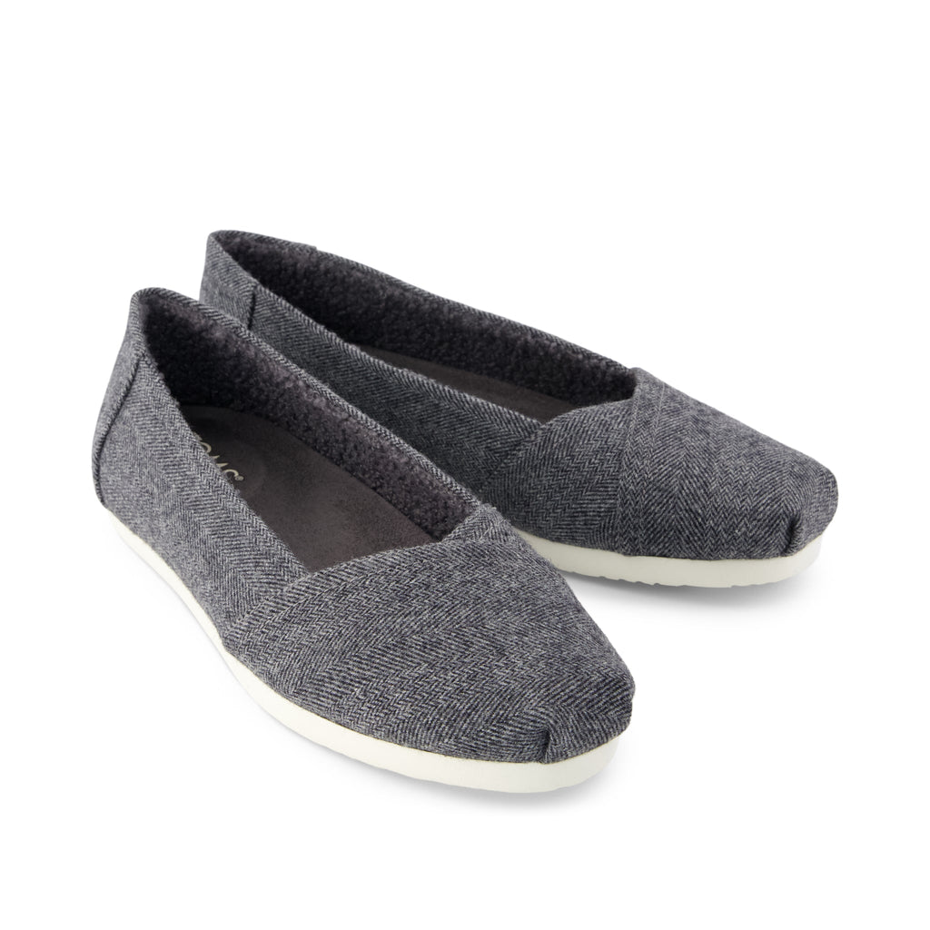 Alpargata Ballet Flat - Charcoal Heritage Herringbone w/ Faux Shearling Front View