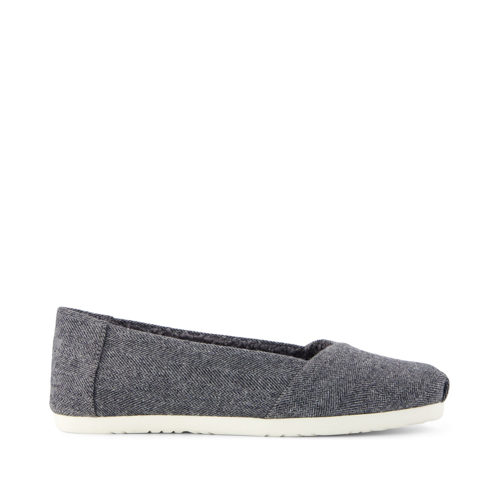 Alpargata Ballet Flat - Charcoal Heritage Herringbone w/ Faux Shearling Side View