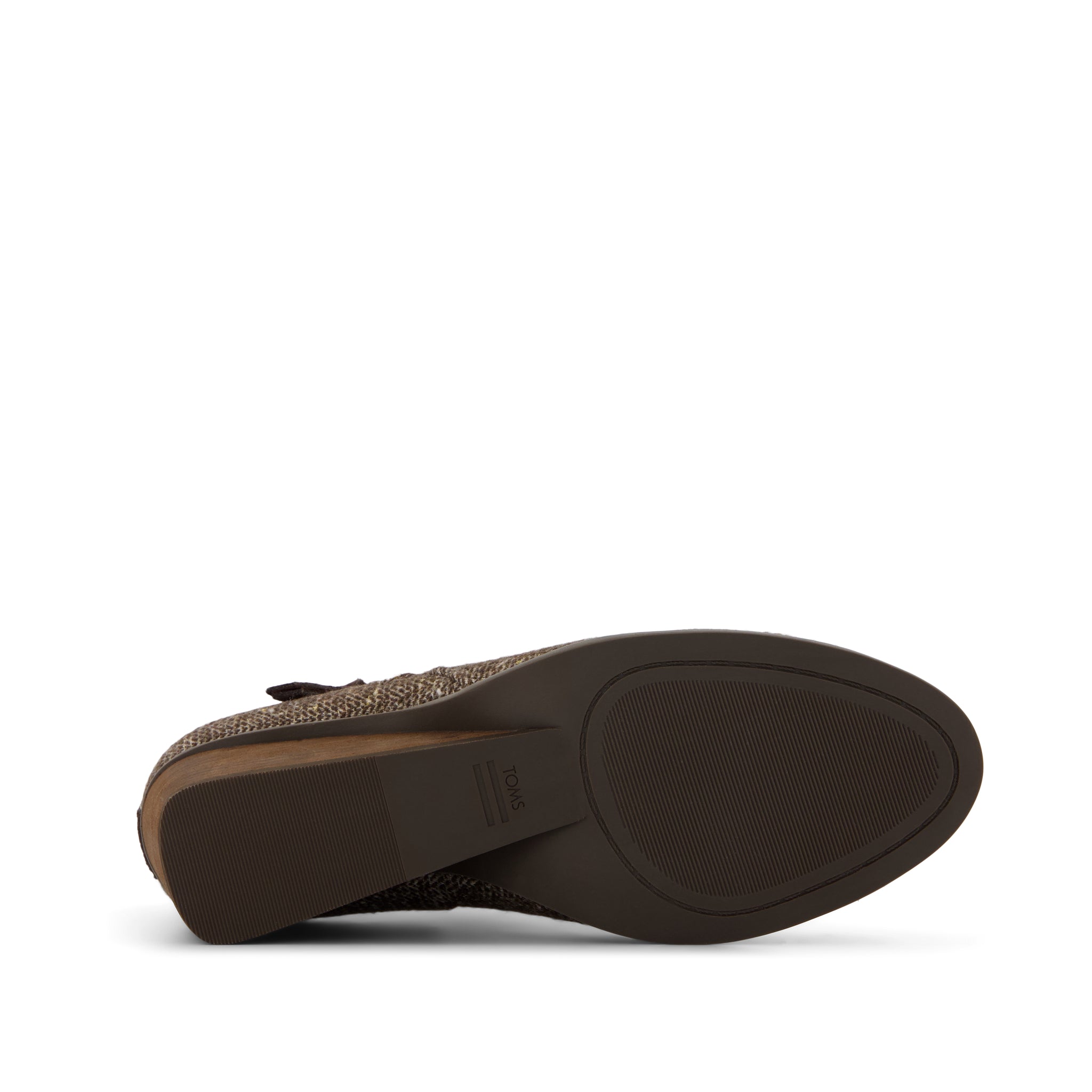 Goldie Wedge Ankle Bootie - Metallic Twill Chocolate Brown Bottom Sole View