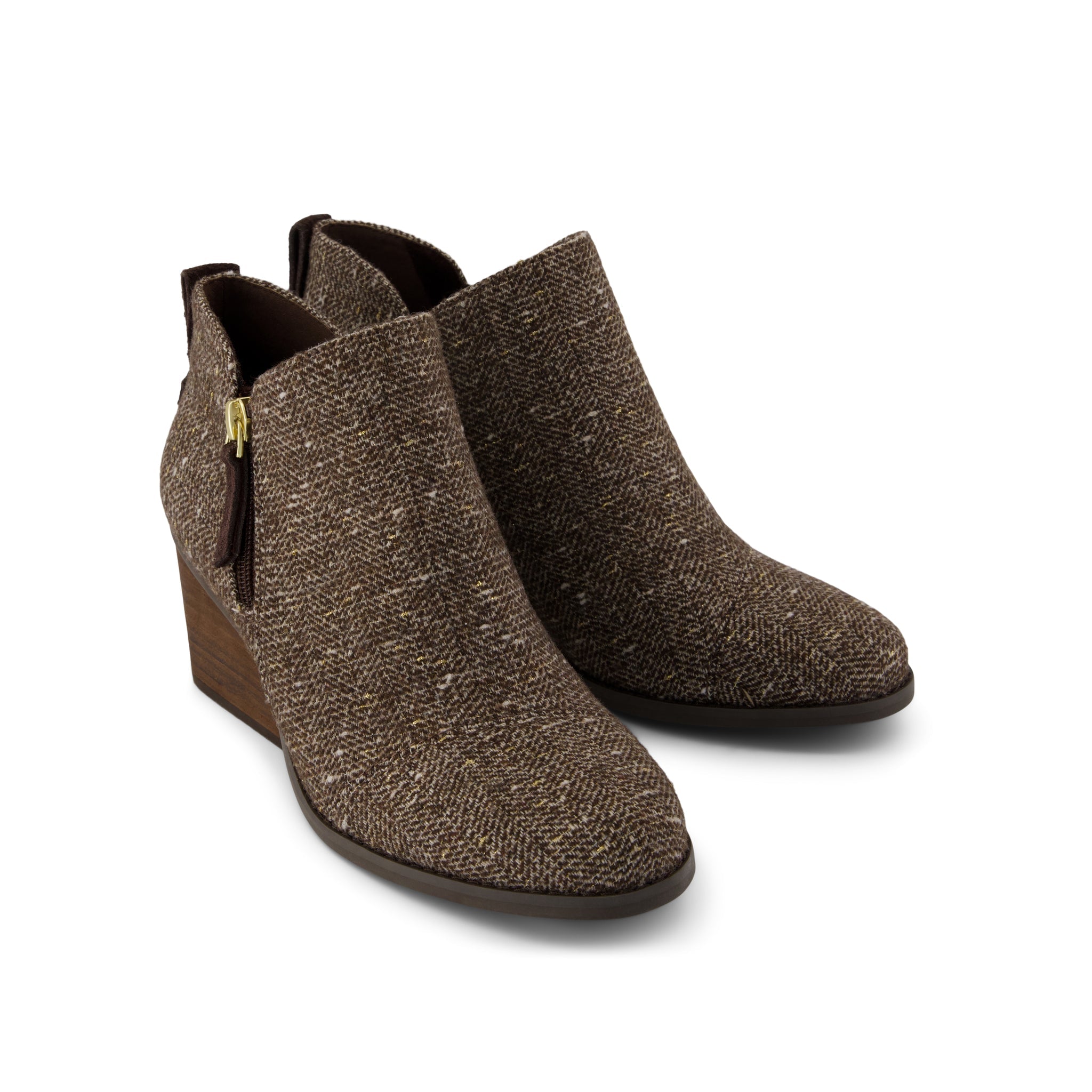Goldie Wedge Ankle Bootie - Metallic Twill Chocolate Brown Front View
