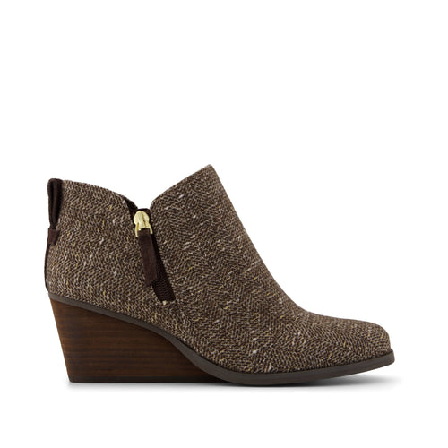 Goldie Wedge Ankle Bootie - Metallic Twill Chocolate Brown Side View