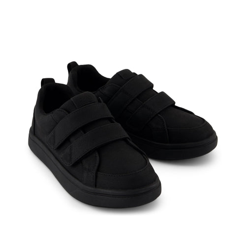 Cruz Double Strap Kids Sneaker - Black Microsuede Front View