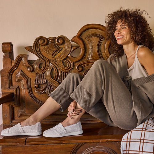 On figure image of the Light Sand Subtle Metallic Chenille Faux Fur Alpargata Plus