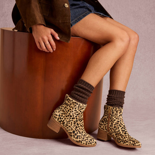 On model image of the Womens Delilah Heeled Boot Brown Sugar Leopard Print Hair Leather