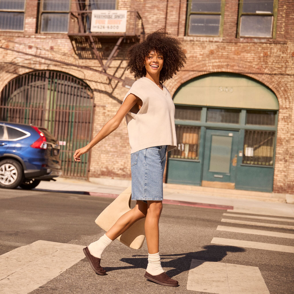 On model image of the Womens Alpargata Ease Mule Chocolate Brown Microsuede w/ Faux Fur