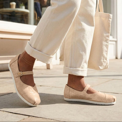 On model image of the Womens Alpargata Mary Jane Bronze Metallic Crosshatch Suede