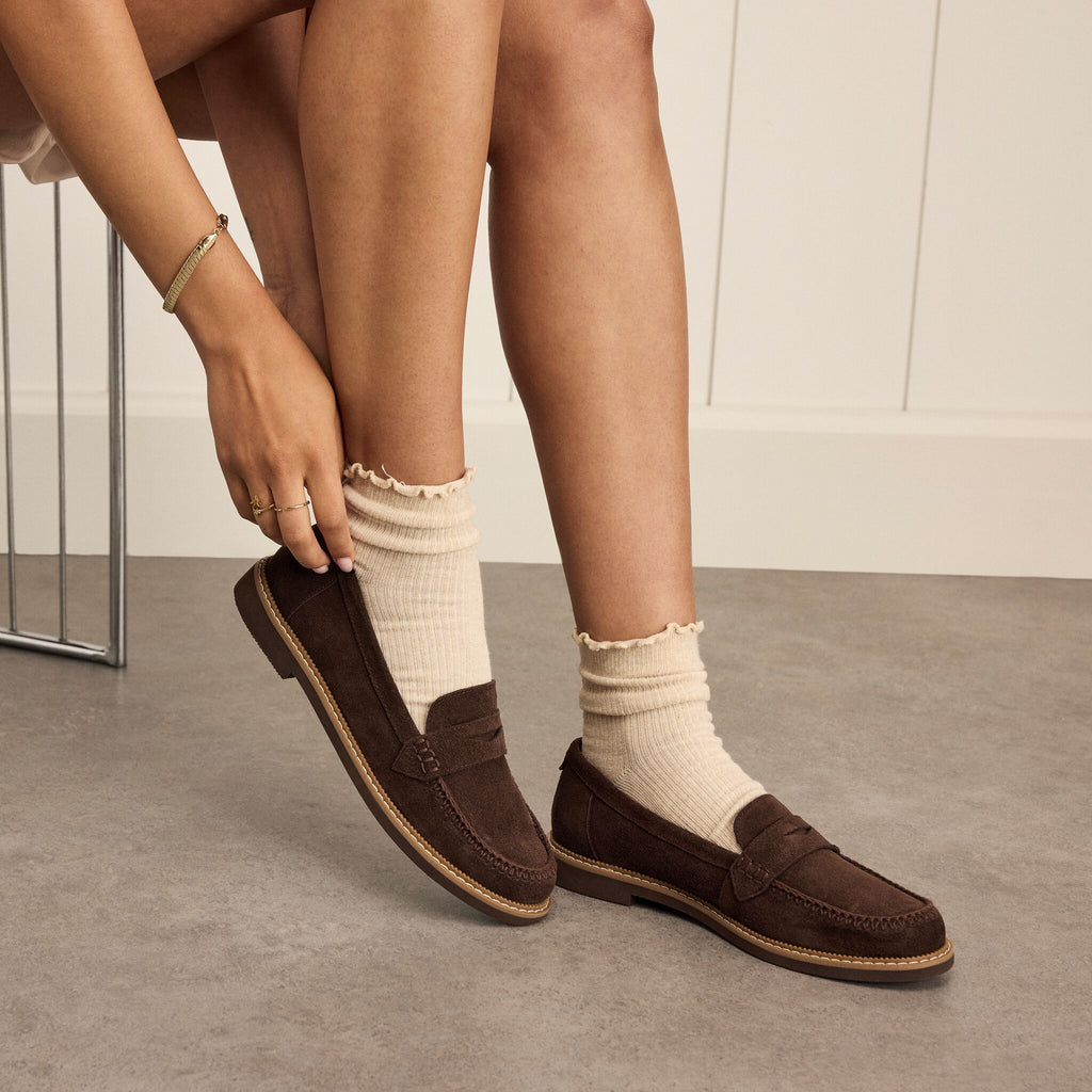 On model image of the Womens Marie Loafer Chocolate Brown Deco Stich Suede