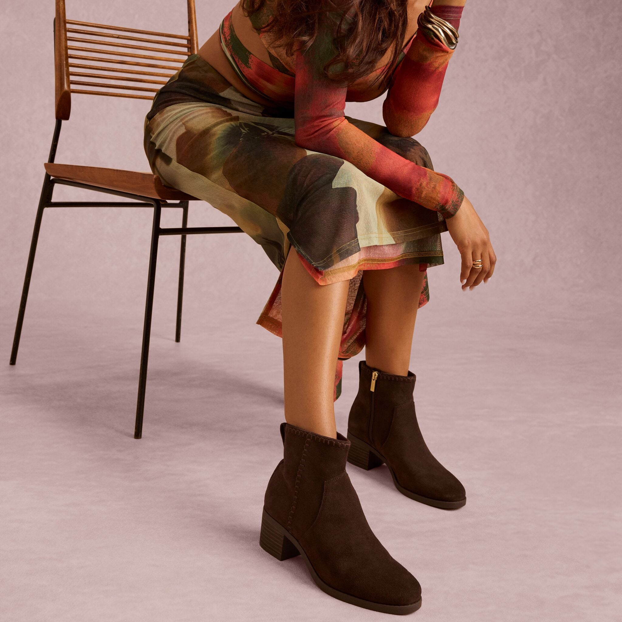 On model image of the Womens Delilah Heeled Boot Water Repellent Chocolate Brown Suede